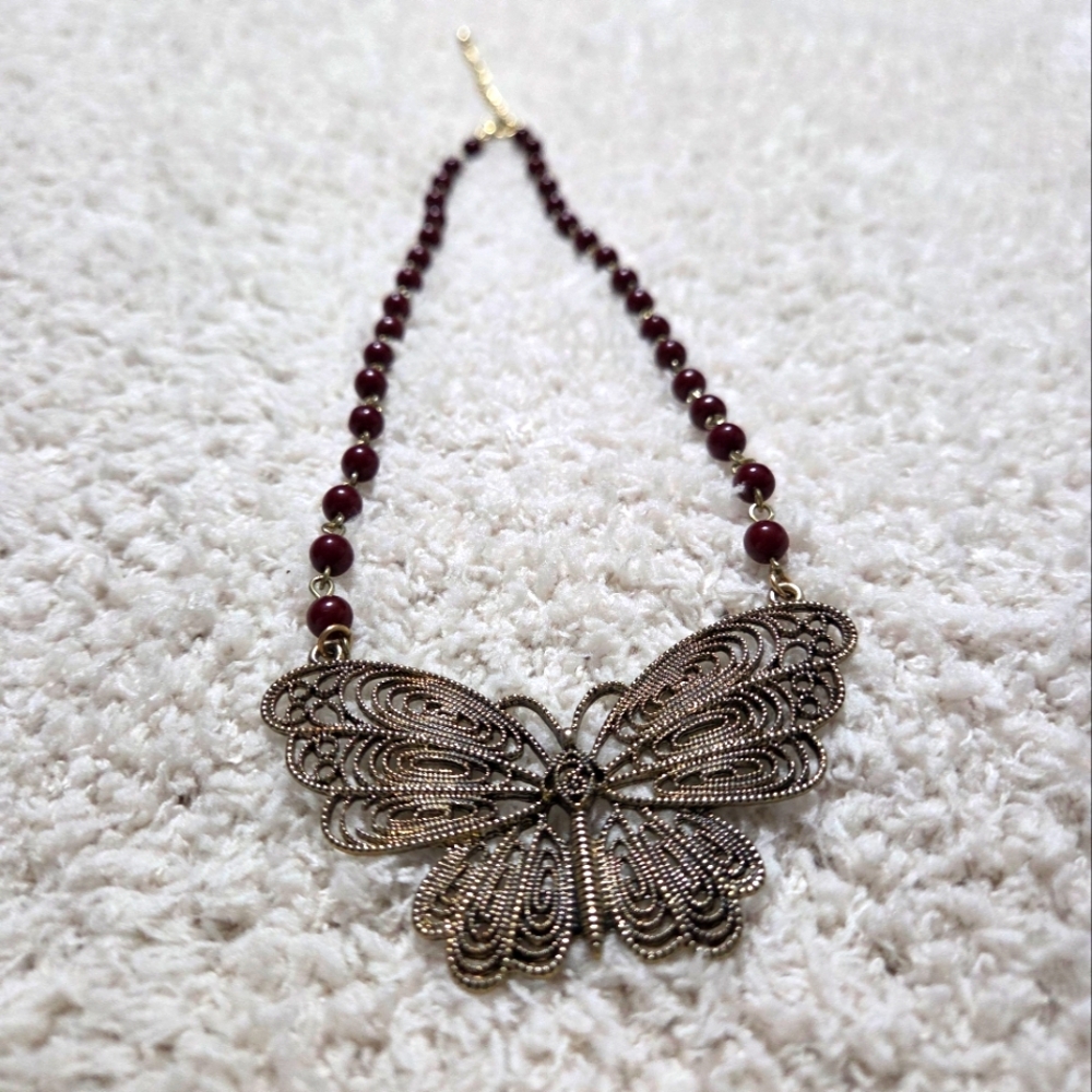 Elegant Gold atone Butterfly Necklace with Red Beads